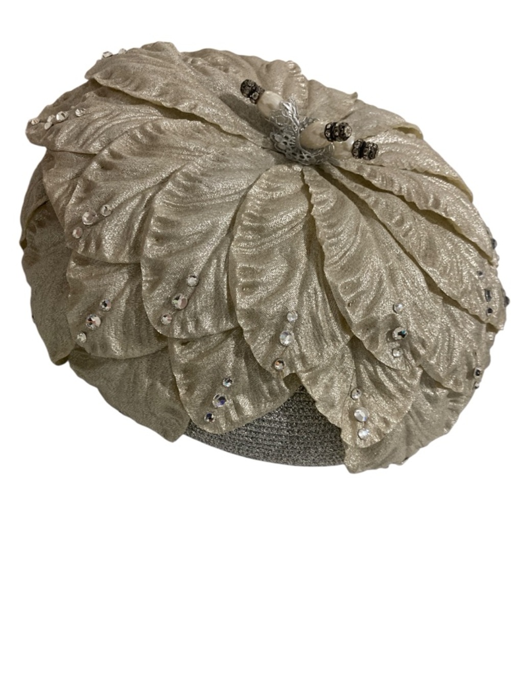 VTG TIM CRAWFORD HAT-Embellished Petal/Leaf Cocktail Hat -Champagne/Silver Color